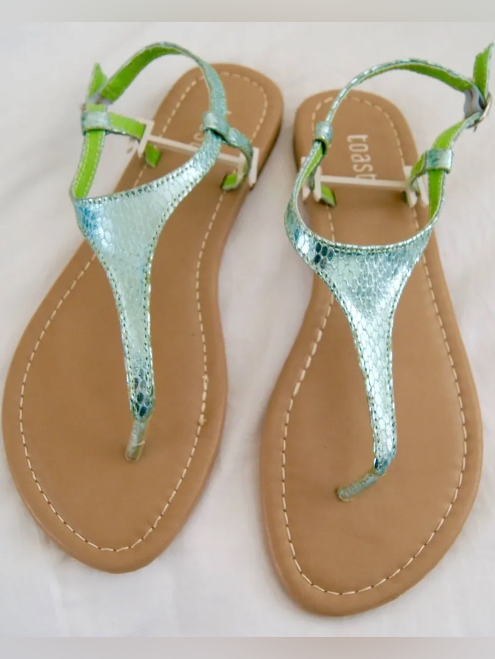 Women’s Mint Green Metallic T-Strap Sandals